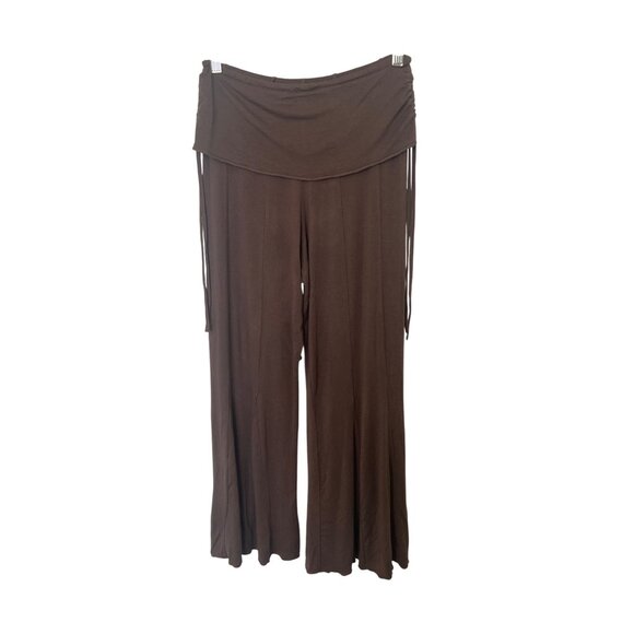 Jayli Brown Wide-Leg Rayon Pants With Fold-Over Waistband - Picture 1 of 7